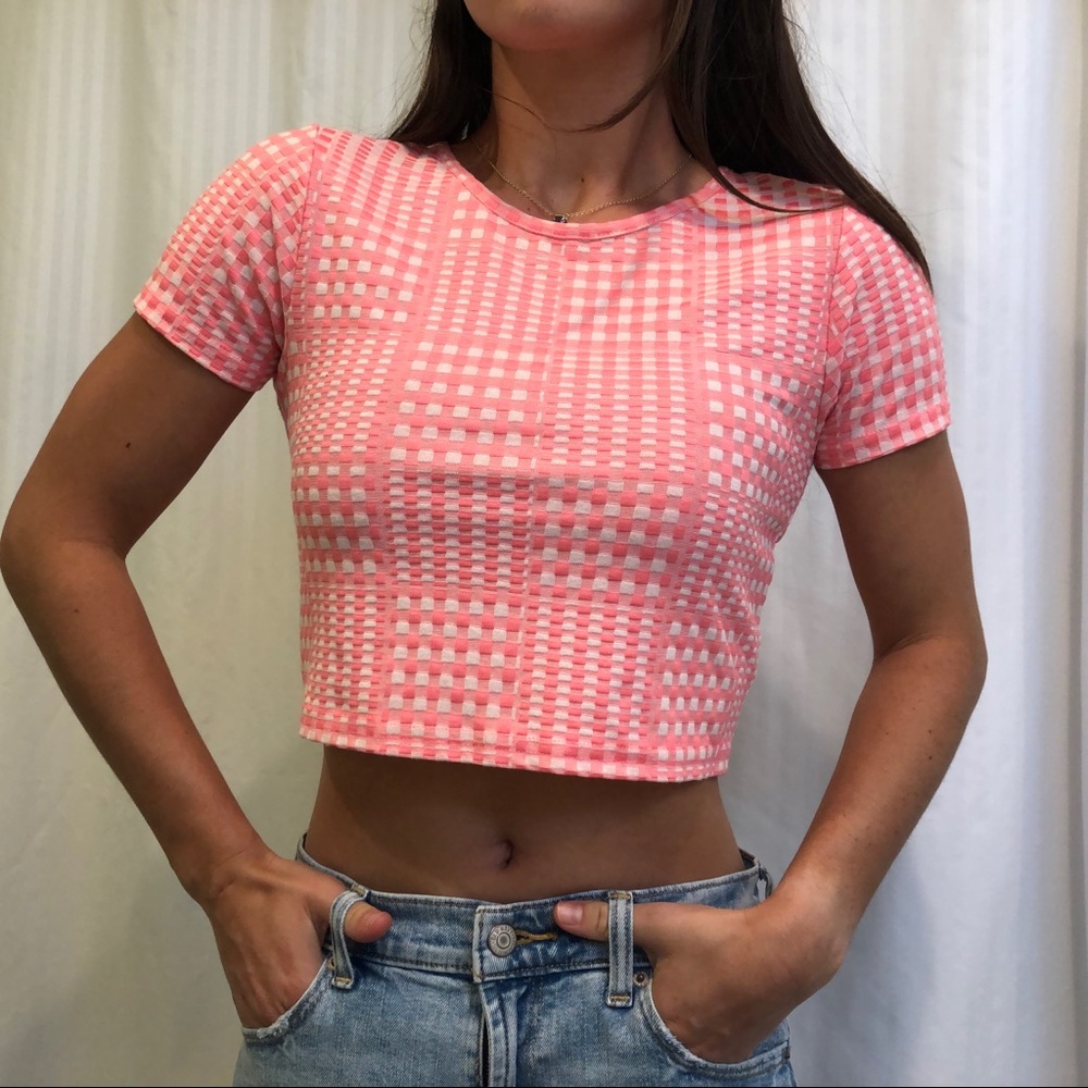 Gingham bright pink crop top from Topshop